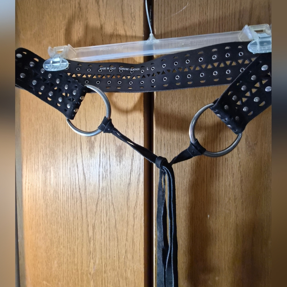 Black Fringe Studded Leather Belt w/Silver Stainless Rings & Studs.Made In Italy